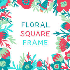 Fototapeta na wymiar Square frame with floral elements for your design and compositions. Nice for wedding invitations, greeting cards, web. Vivid trendy colors: red, green, blue, turquoise. EPS 10.