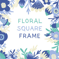 Fototapeta na wymiar Square frame with floral elements for your design and compositions. Nice for wedding invitations, greeting cards, web. Gentle colors: green, pale blue, light yellow. EPS 10.