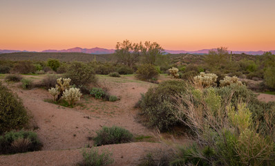 The Arizona desert mountains turn a deep reddish, orange and purple hue as the sun sets and the sky turns a soft peachy orange. Landscape photos of the desert at sunset shows a quiet and solitude 