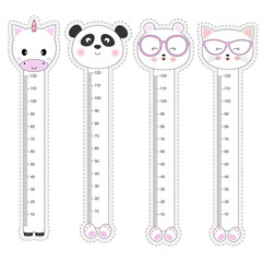 Set kids meter wall with a cute animals unicorn, panda, bear, cat and measuring ruler.