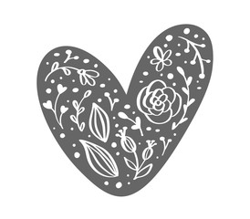 Hand drawn scandinavian Velentines Day heart with ornament flourish icon silhouette. Vector Simple contour valentine symbol. Isolated Design element for web, wedding and print