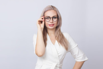 Blond woman wearing glasses