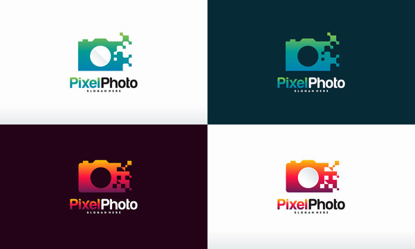 Set of Pixel Photography logo designs concept vector, Pixel Camera logo symbol Photography logo icon