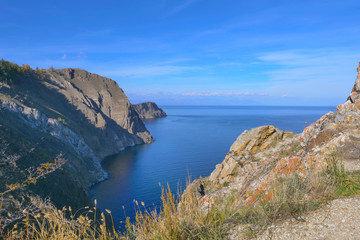 Fototapeta na wymiar Beautiful view of Lake Baikal Olkhon Island in a sunny day, Irkutsk Russia