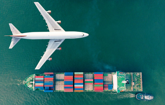 Aerial view logistics and transportation of Container Cargo ship and Cargo plane  for import export and transportation background.