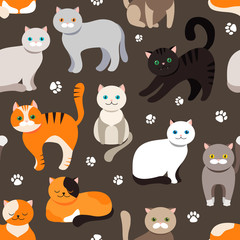 Cat background, seamless pattern. Vector flat illustration. Kitty, Pets.