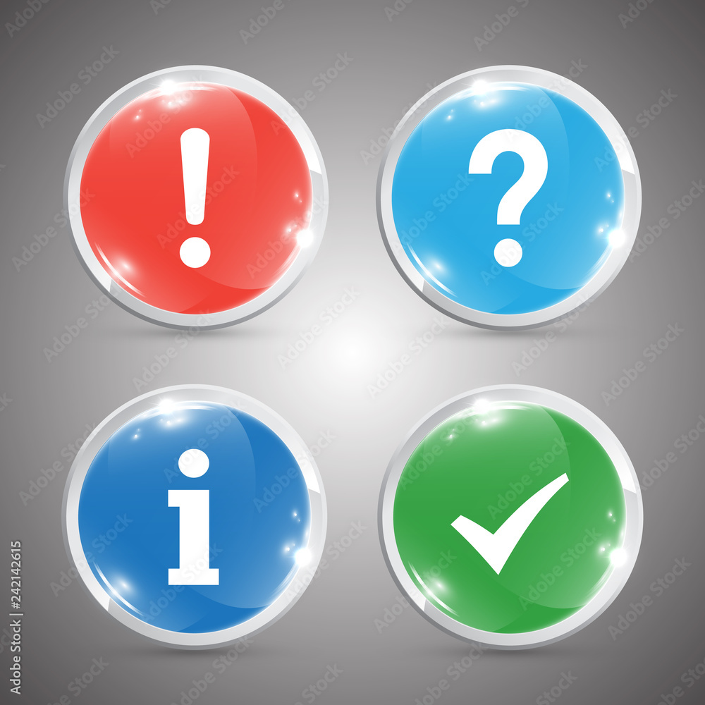Aufkleber glossy rounded buttons with check mark, question mark, exclamation mark and information sign