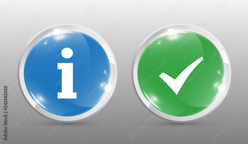 Poster check mark and information sign with glossy rounded buttons