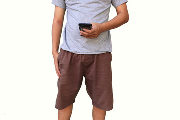 Men playing mobile Wearing shorts on white background.