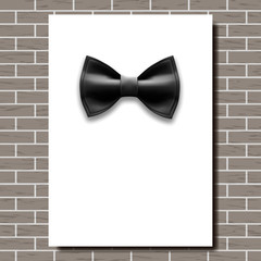 Bow Tie Poster Vector. Empty White A4. Black Bow Tie. Classic Satin Butterfly. Place For Text. Brick Wall. Vertical. Realistic Illustration