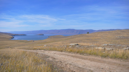 Beautiful view of Lake Baikal Olkhon Island in a sunny day, Irkutsk Russia.