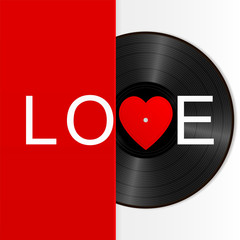 Realistic Black Vinyl Record with red heart label and word love. Retro Sound Carrier isolated on white background