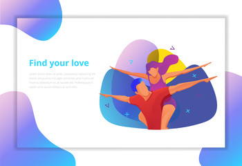 Landing page with a couple in love. Vector illustration.