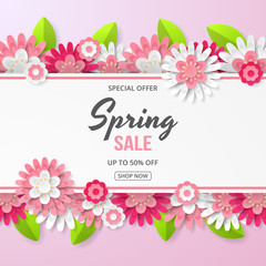 Spring sale banner with beautiful flower. Can be used for template, banners, wallpaper, flyers, invitation, posters, brochure, voucher discount. Vector illustration