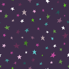 Seamless abstract pattern with stars of different colors. Baby pattern. Violet background. Vector