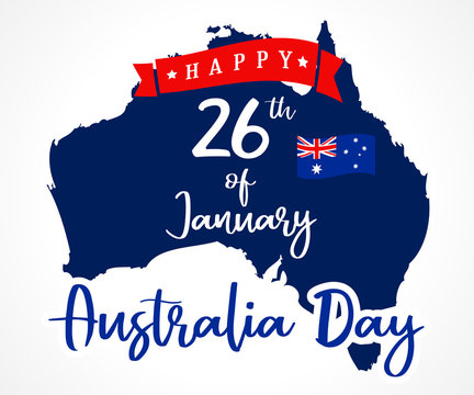 Happy Australia Day lettering and flag on map, greeting card. Vector illustration for 26th january Australia day lettering banner with national flag colors