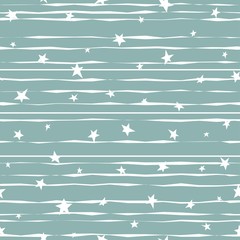 Seamless abstract pattern with little shabby stars and lines on powder blue background