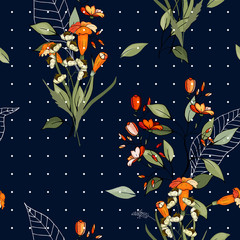 Vintage background. Wallpaper.  Hand drawn. Vector illustration. Blooming  Flowers. Realistic isolated seamless flower pattern.