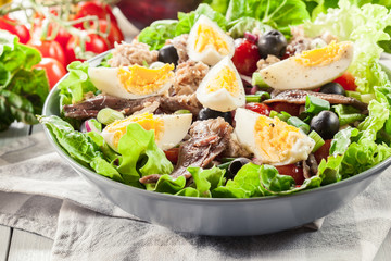 Nicoise Salad with tuna, anchovy, eggs and tomatoes