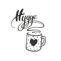 Hot chocolate cup with heart and hand sketched lettering Hygge. Design element for banner, logo, flayer, label, icon, badge, sticker. Black isolated inscription on white background. Isolated