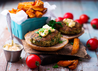 Tofu Burger with Sweet Potatoes. selective focus