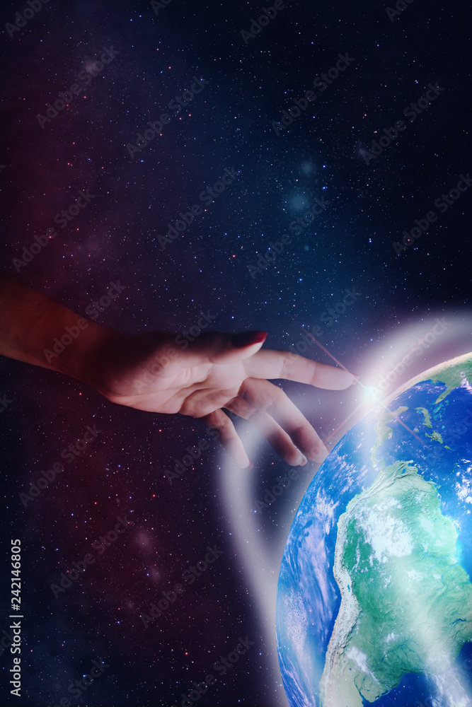 Leinwandbilder touching planet with finger. nebula dust in infinite space. mixed media.