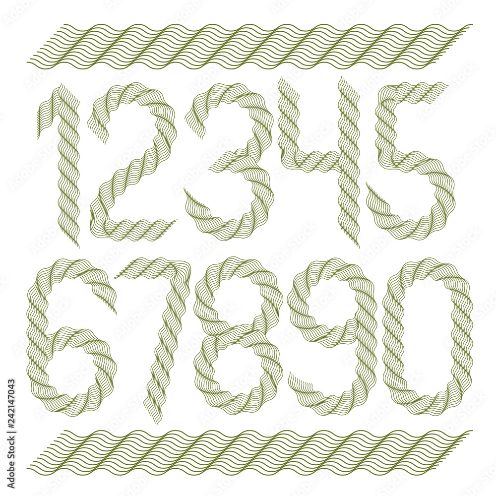 Poster set of vector numerals created using guilloche pattern, microprint elegant tracery. for use as bank 