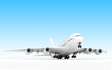 White airplane Airbus A380 takes off or landing. Isolated on blue background. Close-up. Front view. Bottom view. Perspective. 3D illustration.