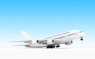 White airplane Airbus A380 takes off or landing. Isolated on blue background. Right side view. Bottom view. Perspective. 3D illustration.