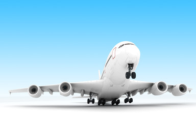 Fototapeta na wymiar White airplane Airbus A380 takes off. Isolated on blue background. Close-up. Front view. Bottom view. Perspective. 3D illustration.