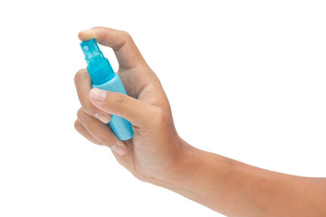 hand holding spray bottle isolated on white background - clipping paths.