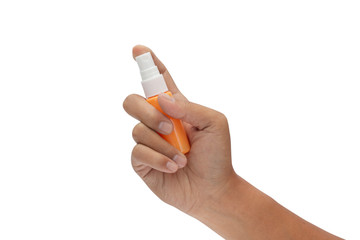hand holding spray bottle isolated on white background - clipping paths.