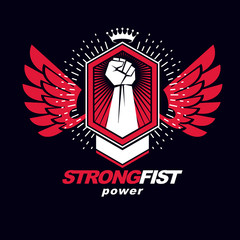 Vector symbol made using raised arm of muscular male, imperial crown and eagle wings. Martial arts emblem can be used as tattoo.