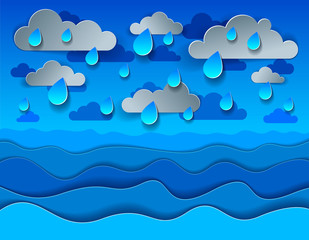 Rain over the sea with curvy waves rainy weather, perfect modern vector illustration in paper cut 3d style.