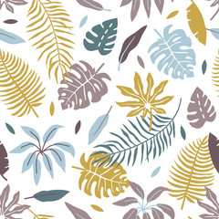 vector seamless background pattern with funny simple tropical leaves and flowers for fabric, textile