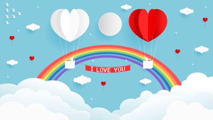 Paper art style vector illustration graphic design sweet valentines card of heart shape white and red balloon on the sky with beautiful rainbows. 