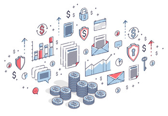 Cash money coin cent stacks isolated on white background. 3d vector business and finance isometric illustration with icons, stats charts and design elements.