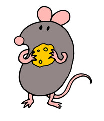 Illustration of a mouse with a piece of cheese in his hands