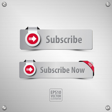 subscribe button set containing two well designed, textured, metallic subscribe buttons, icon, corner ribbon, stainless steel background with screws on the corners, eps10 vector illustration, 3d style