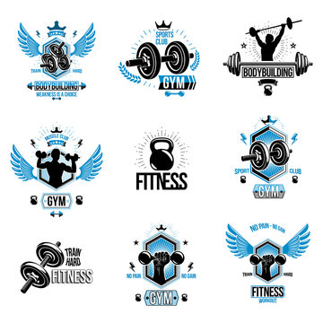 Set of vector cross fit and fitness theme emblems and motivational posters created with dumbbells, barbells, kettle bells sport equipment and muscular athlete body silhouettes.