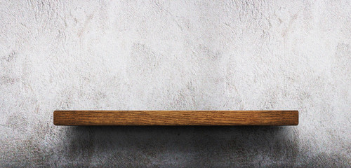 Wood shelf on brick wall. Polished cement floor. texture background. furniture