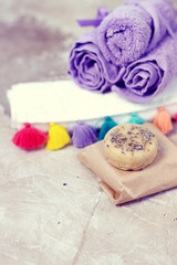 Obraz na płótnie Canvas Spa and wellness setting with lavender flowers and handmade soap or shampoo bar, Dayspa nature set