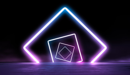 Fototapeta premium Glowing lines vibrant colors tunnel abstract background. Neon pink blue lights in empty space with smoke. 3d render.