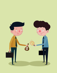 Fototapeta premium Businessmen trading money to lamps for ideas, cartoon concept