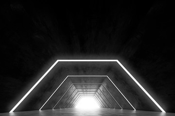 Abstract Futuristic dark corridor interior design. Future concept tunnel with light background. 3D rendering.