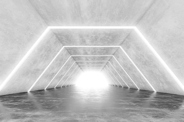 Futuristic tunnel with light. Abstract corridor interior design. 3D rendering.