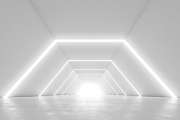 Obraz premium Projekt wnętrza oświetlonego korytarza. Streszczenie futurystyczny tunel z jasnym tłem. Renderowanie 3D.