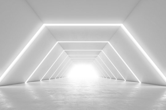 Fototapeta Illuminated corridor interior design. Abstract Futuristic tunnel with light background. 3D rendering.