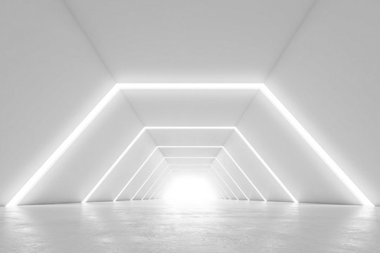 Illuminated corridor interior design. Abstract Futuristic tunnel with light background. 3D rendering.