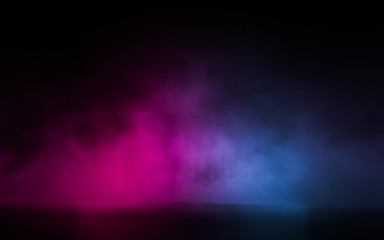 Empty scene  with glowing pink and blue smoke environment atmosphere on floor.  Fashion vibrant colors spectrum background. 3d rendering.